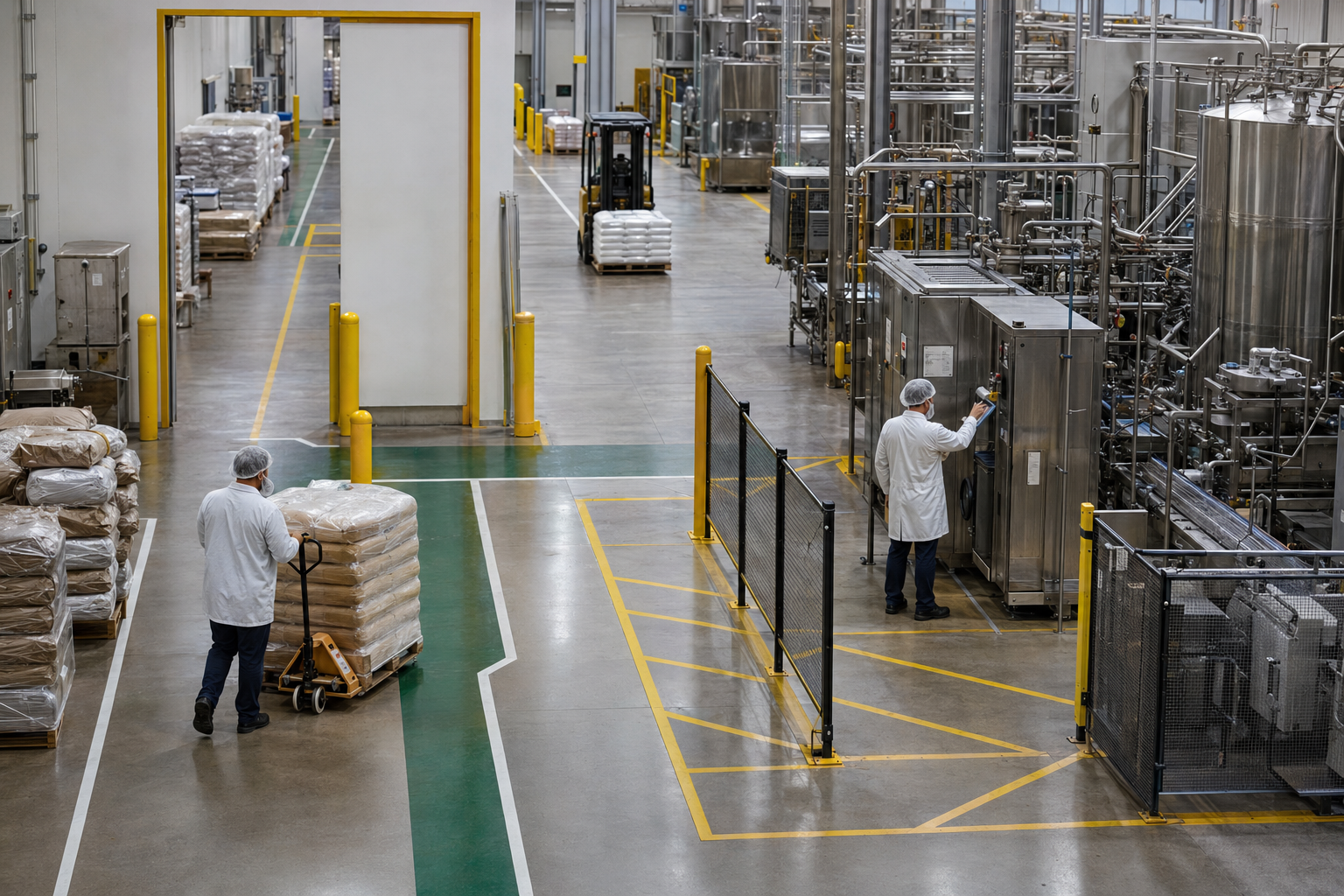 Industrial production area with pedestrian routes, forklift movement and defined operating boundaries