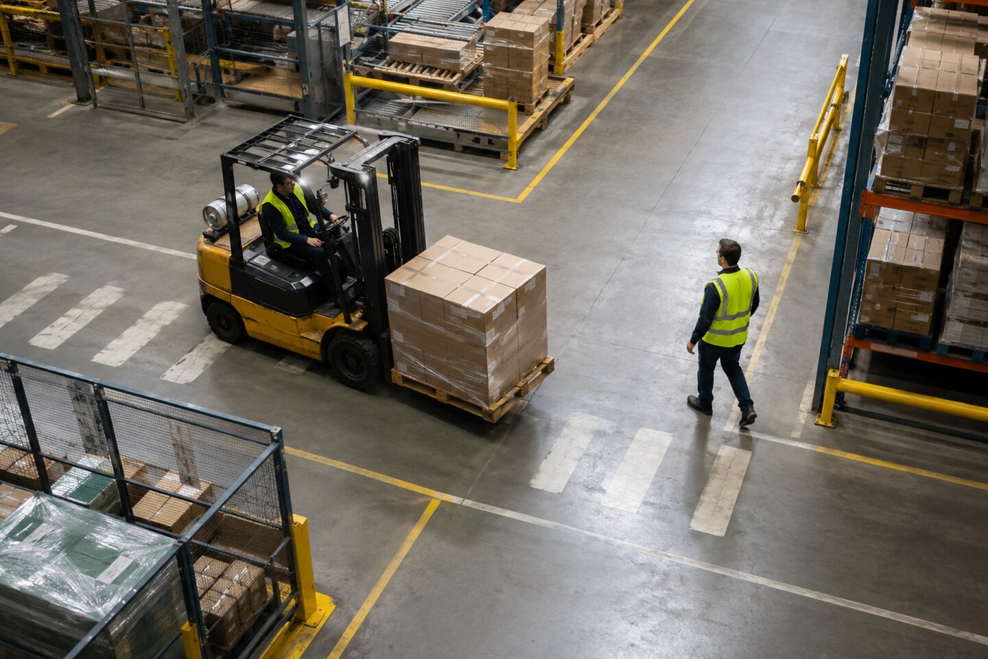 Warehouse worker crossing near a moving forklift carrying a pallet