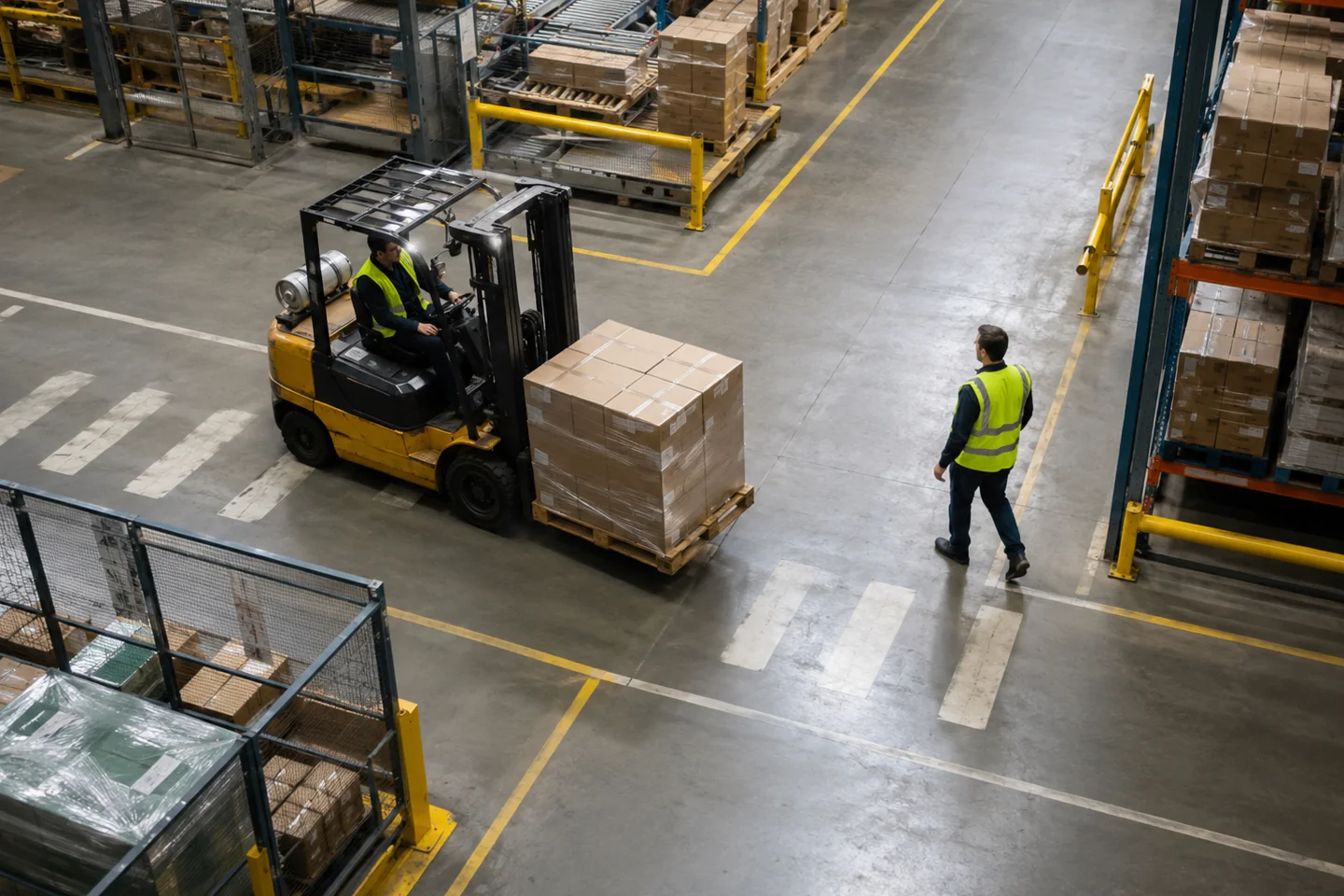 Warehouse worker crossing near a moving forklift carrying a pallet