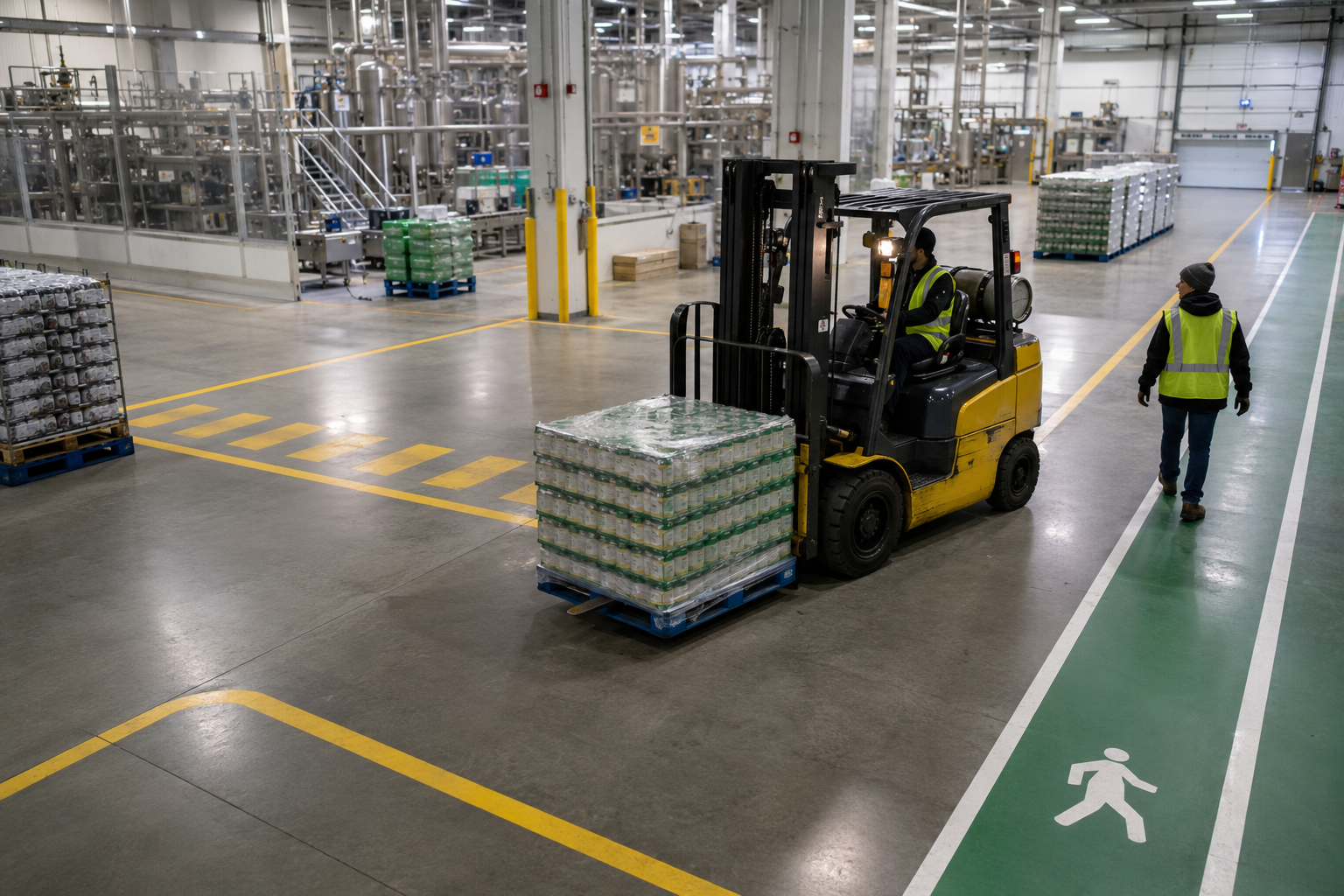 Forklift and pedestrian routes in an industrial production and warehouse area