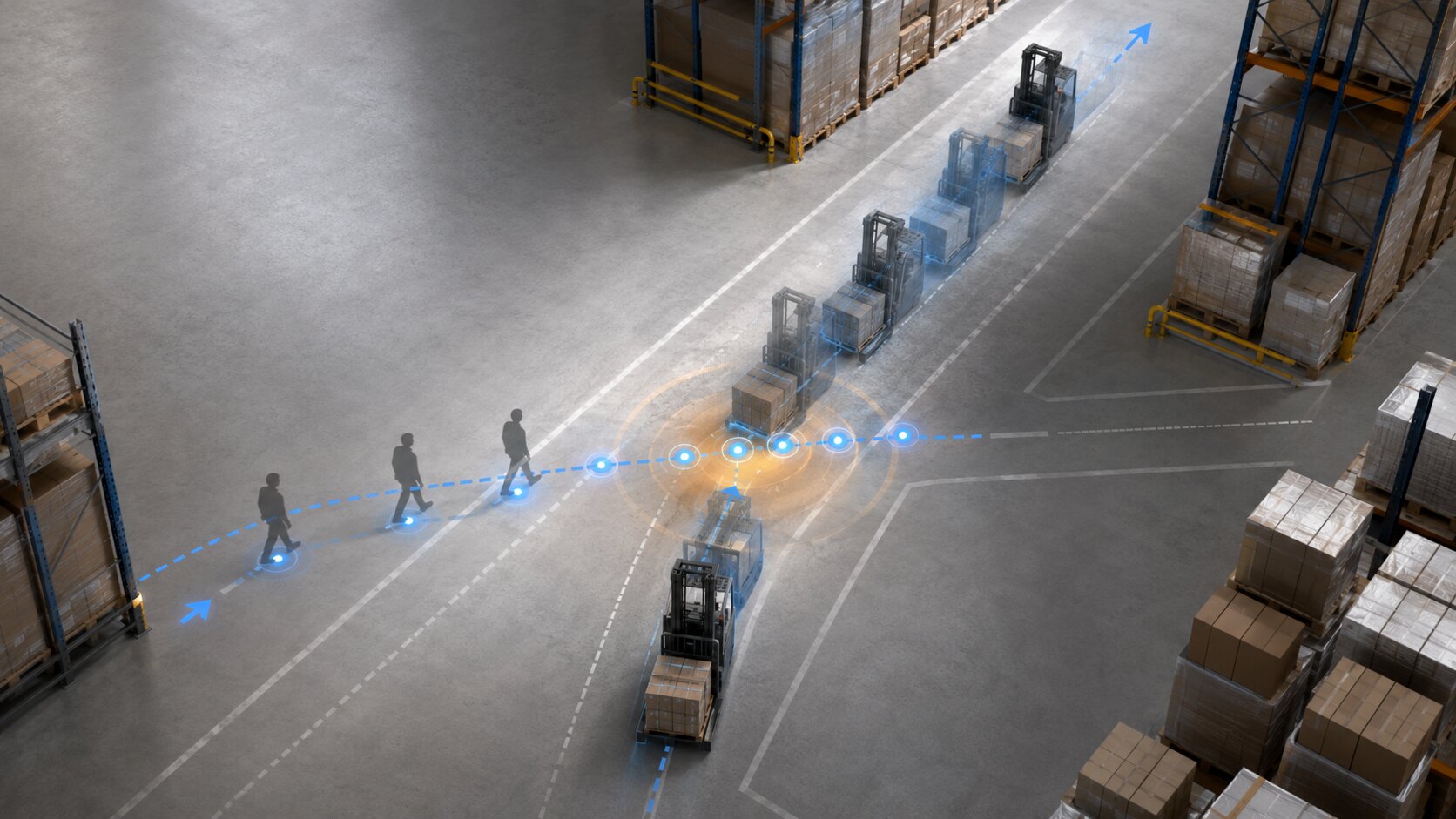 Repeated forklift and pedestrian positions converging at one warehouse cross-aisle despite gaps in the observation sequence
