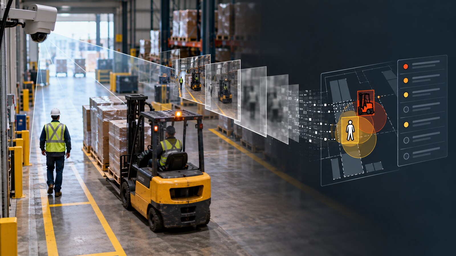 Warehouse camera observing a forklift and worker as video observations fade into a simplified condition record