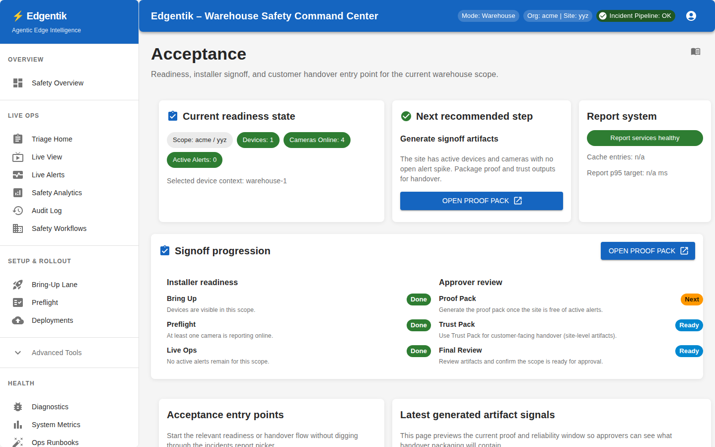 Readiness and acceptance tying sign-off to the platform record