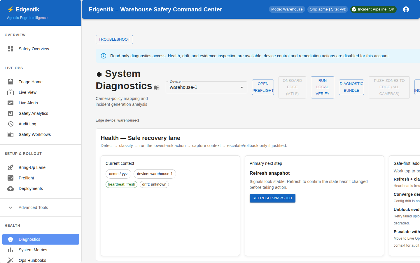 Edgentik diagnostics and health monitoring view