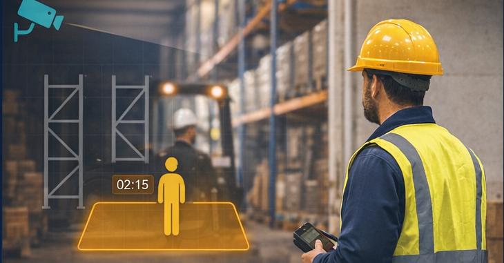 Warehouse floor with a live forklift lane, worker activity, and overlaid incident visibility context.