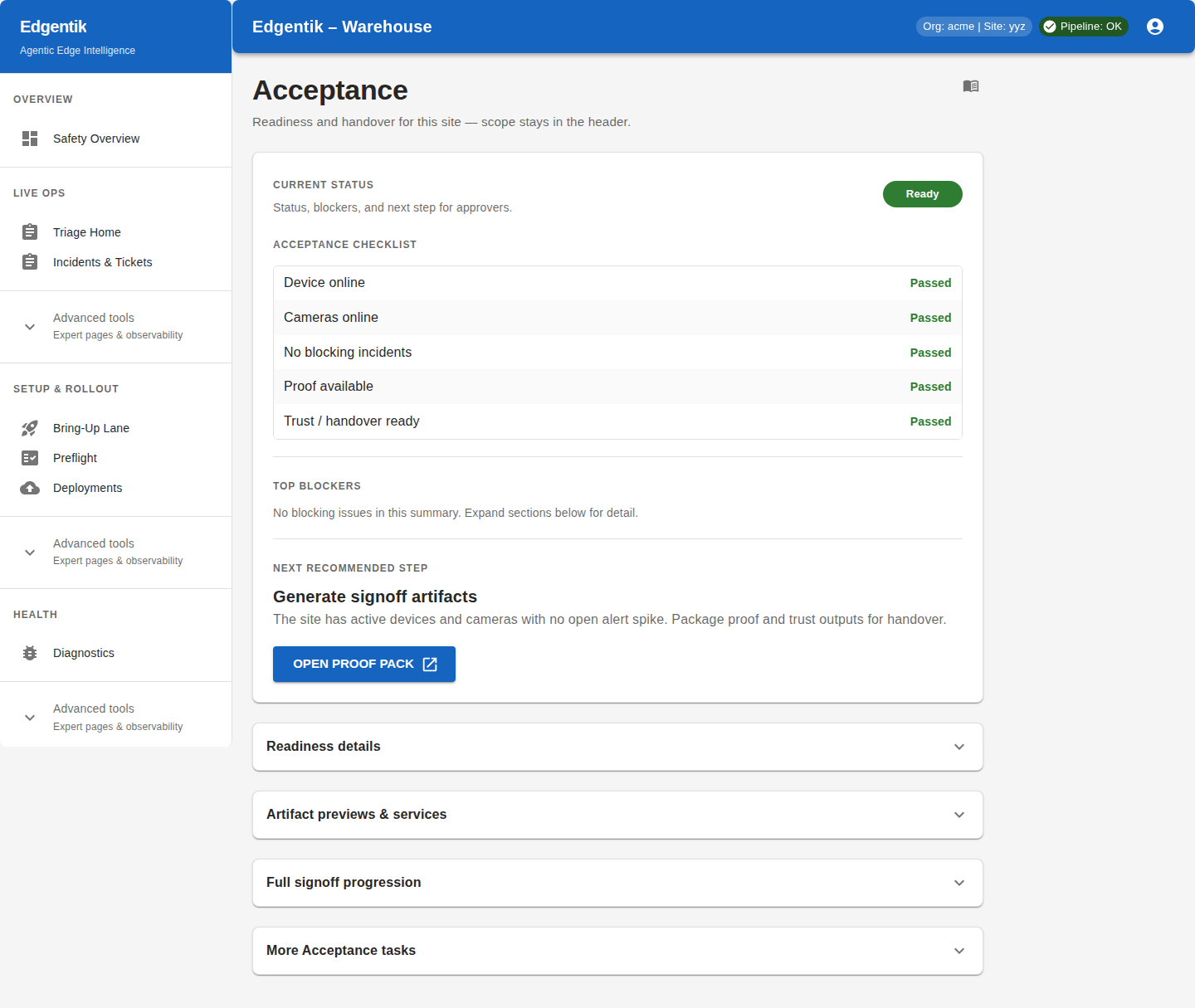 Edgentik acceptance and handoff — readiness, proof artifacts, closure