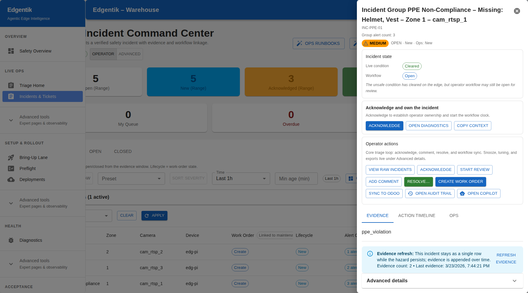Edgentik Incident Command Center — validated incidents with evidence and triage